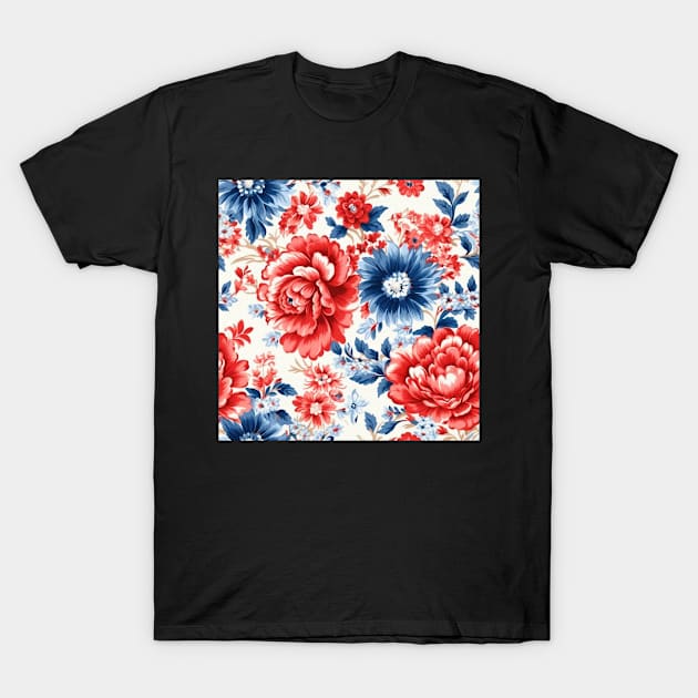 Red White and Blue Patriotic Shabby Floral T-Shirt by VintageFlorals